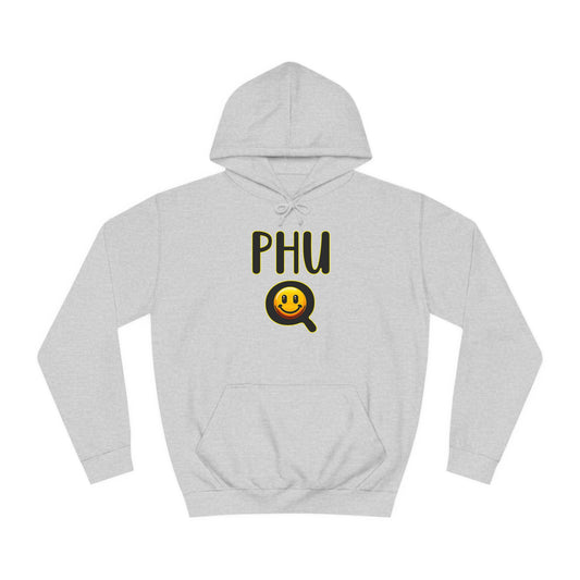 PHU Q Smiley Unisex College Hoodie, Irreverant Funny Sweatshirt, Whimsical Hooded Jacket, Humorous Pullover, Cool Hooded Sweater